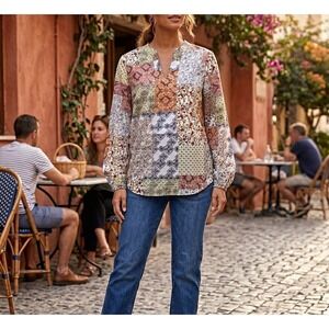 Belle Boho by Kim Gravel Patchwork Poplin V-Neck Pullover Blouse XS Multi